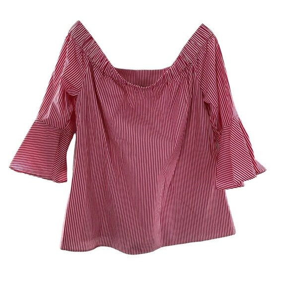 Cupio Tops - Cupid Womens Red & White Striped Off-Shoulder Bell Sleeve Top 100% Cotton Medium